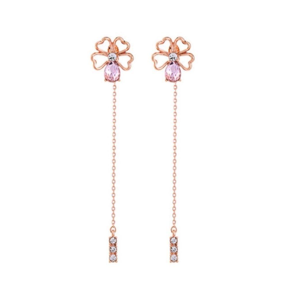 Pink Floral Crystal 2 & 1 Gold Statement Drop Dangle Earrings